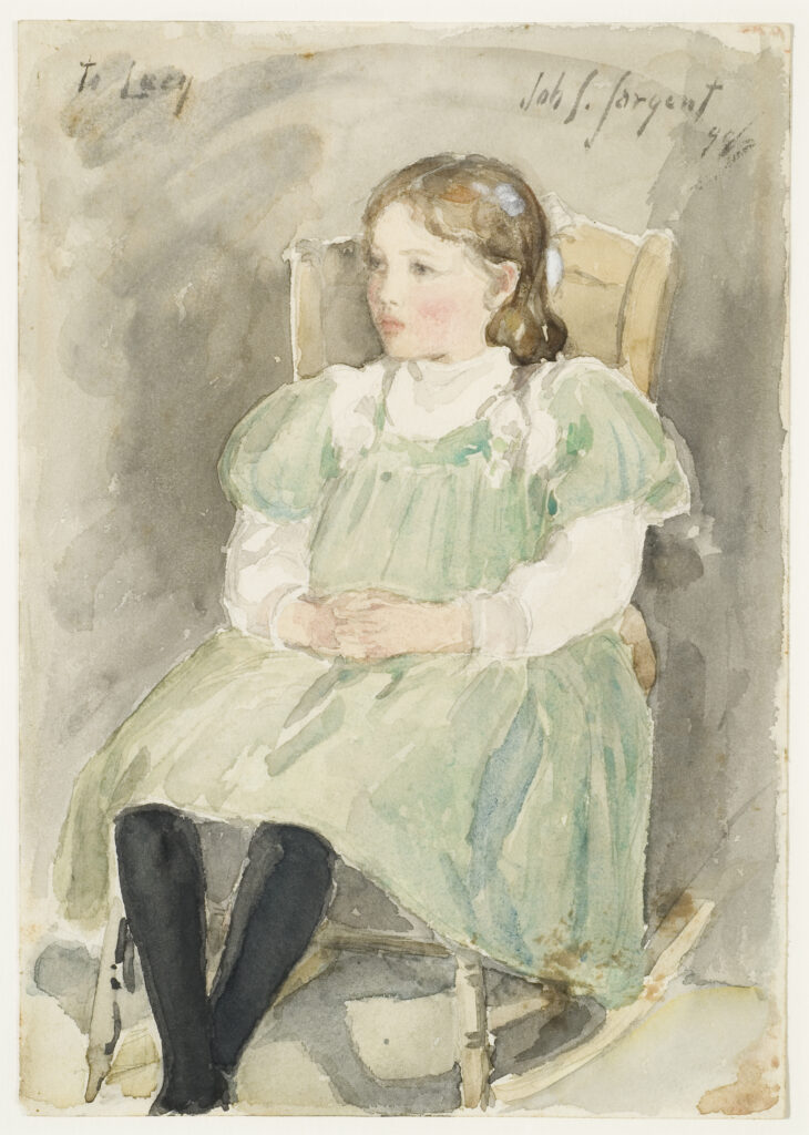 A watercolor portrait of a young girl seated in a rocking chair. She gazes off to the side, wearing a soft green dress with puffed sleeves over a white blouse and dark stockings. Her hands are folded in her lap, and her brown hair is adorned with a tiny blue bow. The background is a muted, neutral gray. The words "To Lucy" are inscribed in the top left corner, with Sargent's signature in the top right.