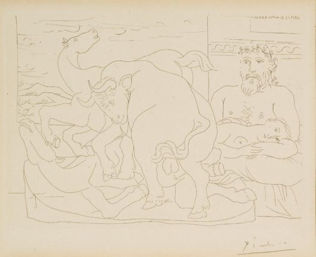 Black line drawing on cream paper with two horses, a bull, a man, and a woman