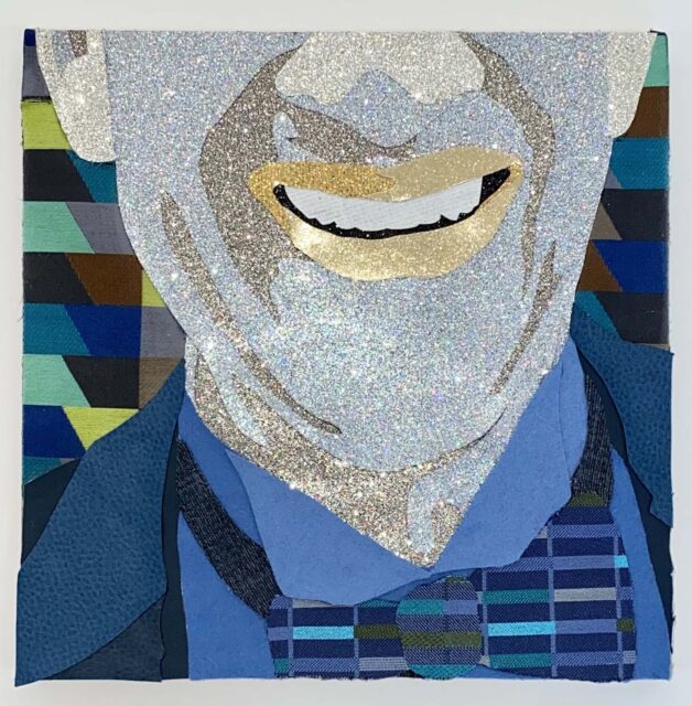 collage of the lower half of a man's smiling face by Stuart Robertson