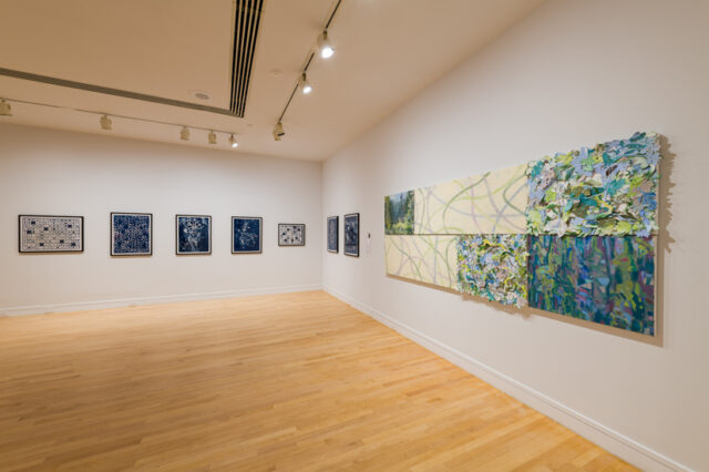Left: cyanotypes by Elijah Gowin, Right: mixed media installation by Susan Norman McAlister