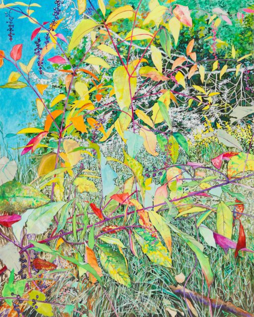 A landscape painting of brightly colored plants.