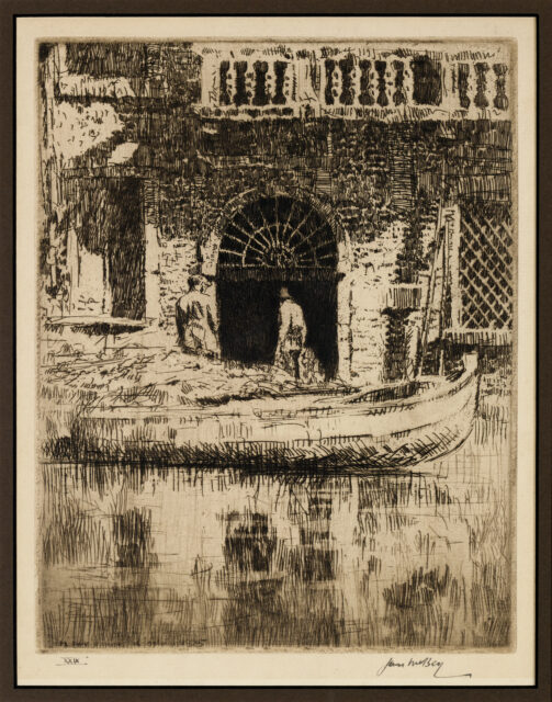 Black and white print of a waterway, gondola boat, and doorway in Venice, Italy.