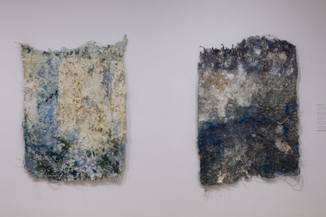 Two large textured wall-mounted works made from layered fibers, pigments, and organic materials in shades of blue, green, cream, and gray, resembling abstract, weathered surfaces.