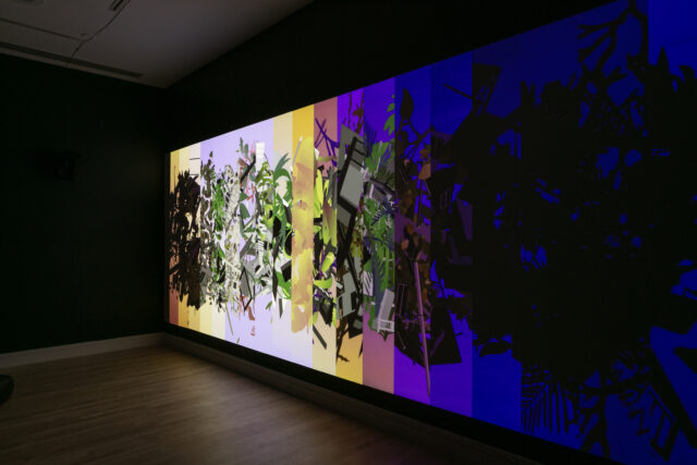 Immersive projection spanning a gallery wall, showing overlapping silhouettes of plants and architectural fragments in vibrant gradients of yellow, pink, purple, and blue against a dark room.