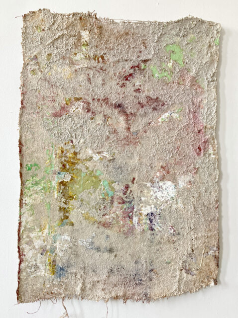 highly textured paper pulp painting on burlap