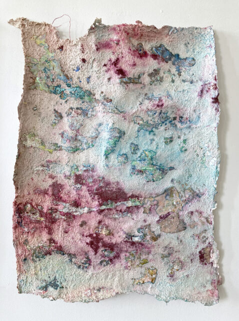 highly textured paper pulp painting on burlap
