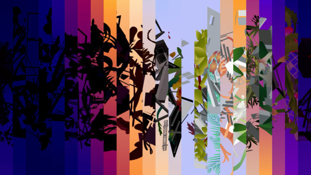 Multi-colored video projection showing plants and artchitecture.