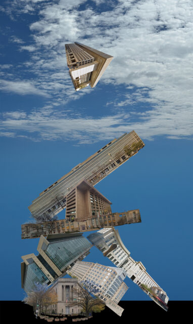 A digital collage of various office buildings stacked and balanced on each other, with one building floating upward toward a cloudy sky.