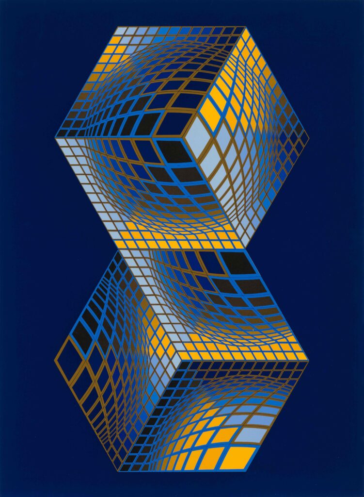 Print of two interconnected cubes joined at one vertex, forming an hourglass-like shape. Each cube features a warped grid pattern in blue, yellow, black, and white, creating a three-dimensional illusion against a dark blue background.