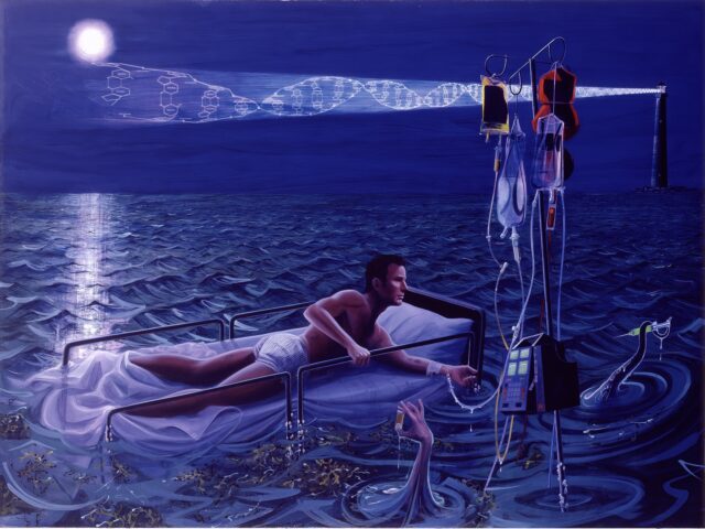 Painting of a man in a hospital bed floating on water at night, connected to IV bags. A lighthouse and DNA strand are visible in the background, and a hand rises from the water toward him.