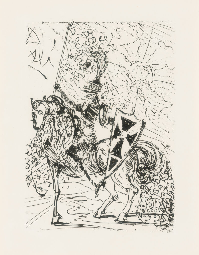 Intricate black and white sketch of a knight in full armor on horseback, wielding a lance and shield with a cross, set against a dynamic abstract background.