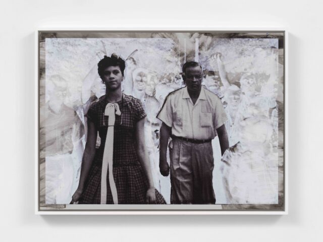 Image of an African American man and woman walking in front of an inverted black and white image of a group of people protesting