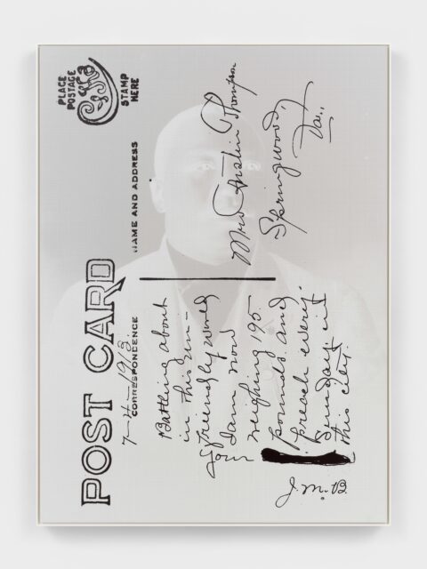 Faint inverted back and white image of an African American man in a suit overlayed by text from a post card