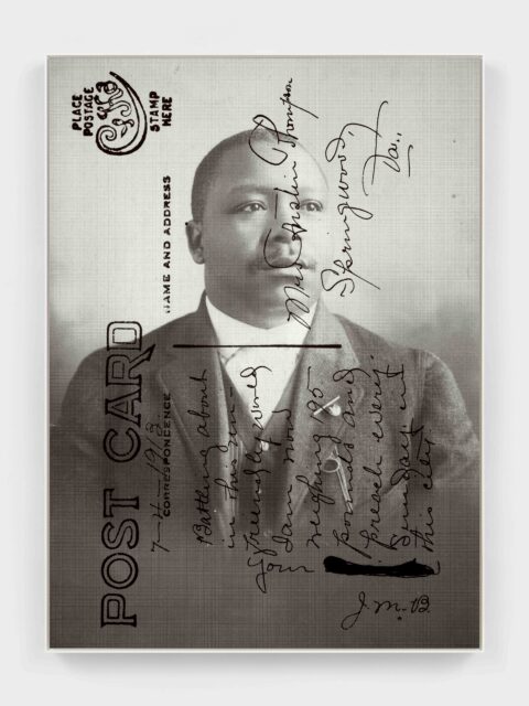 Image of a post card overlaying a black and white image of an African American man dressed in a suit.