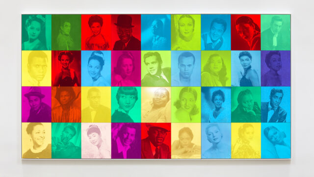 Colorful grid of 36 squares, each showing a different person with a blurred face against vibrant backgrounds in red, green, blue, yellow, pink, and purple. Each figure is uniquely dressed.
