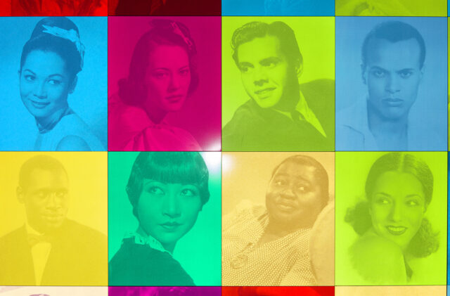 Colorful 8 squares, each showing a unique person in vibrant poses and outfits.