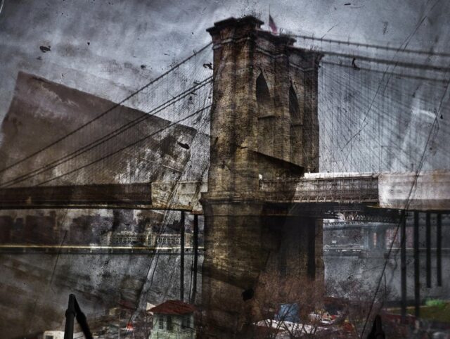 Horizontal image of the Brooklyn Bridge in dark gray against a blue and gray background. There are dark, geometric shapes on the lower half of the piece.