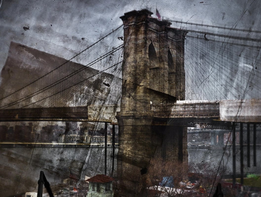 Seen on Campus: Tent–Camera Image on Ground: Rooftop View of the Brooklyn Bridge–Brooklyn Side