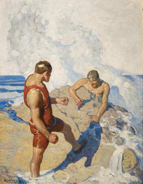 Painting of two men on a beach