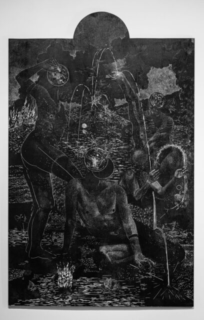 A monochrome black-and-white artwork on a vertical panel with a semi-circular arched top. The image features multiple textured, stippled human figures in an outdoor setting at night. Several figures hold or feature circular, globe-like orbs near their heads. In the background, a volcano-shaped mound sits beneath a dark, star-speckled sky, with thin white lines arcing across the scene.
