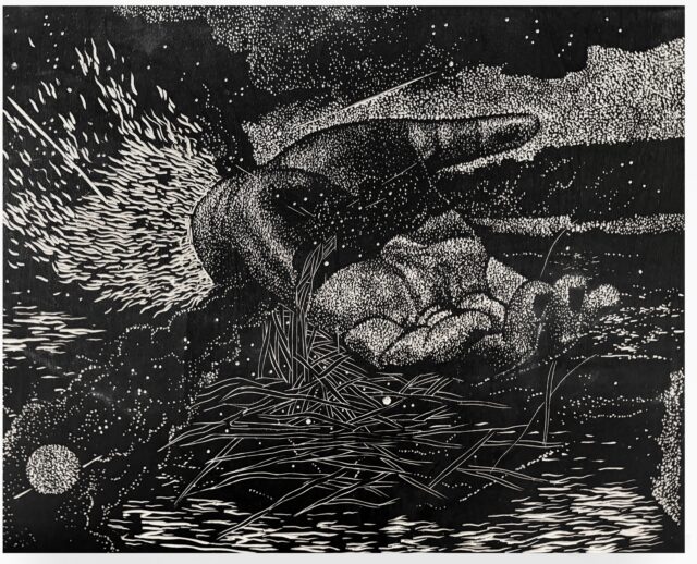 A monochrome black-and-white print or drawing featuring a large, stippled human hand resting horizontally across the center. Fine white streams appear to pour from the hand's palm down into a dense cluster of thin, crisscrossed lines resembling straw or pine needles. The background is dark with scattered white dots and wavy lines indicating a night sky and water.