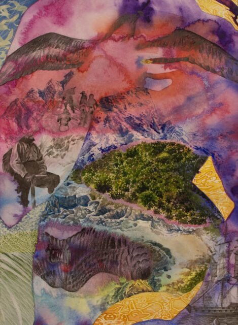 A mixed-media artwork combining pink, purple, and blue watercolor washes with ink drawings and paper collage. At the top, large dark wings span across the sky above a silhouette of figures hiking a mountain. The lower sections contain separate visuals: a seated person in a coat holding a staff, a cluster of green trees, a dark ribbed shape in swirling water, a multi-masted sailing ship, and bright yellow patterned paper cutouts.