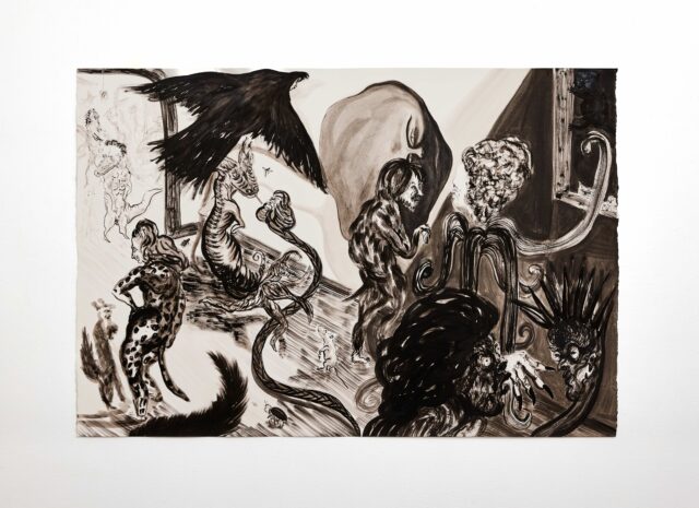 A black and white ink drawing on a white background depicting a crowded scene filled with multiple human, animal, and hybrid figures. Features include a large black bird in flight, an upright bipedal reptile, a person in a spotted bodysuit, a hairy humanoid creature, a large abstract profile face in the background, and various smaller animals and insects scattered throughout the composition.