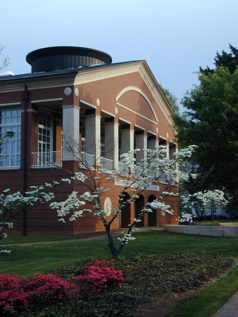 Brick building with spring flowers